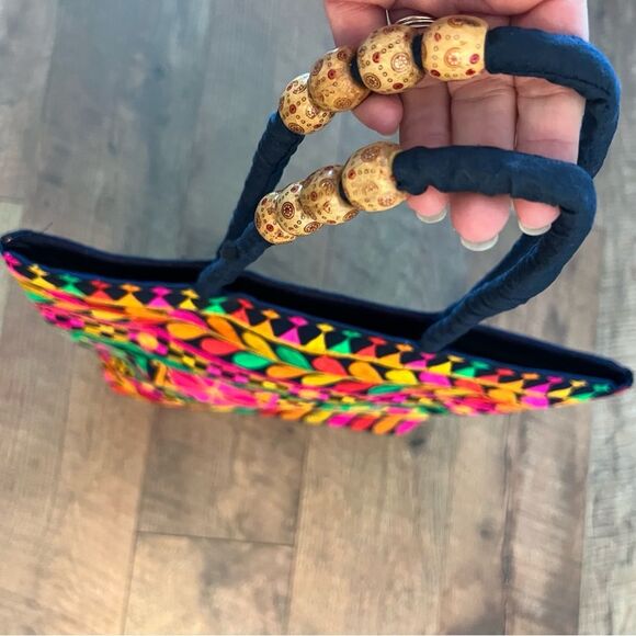 Multicolored Tote with Floral Elephant Motifs from India,decorative bead handle - Picture 11 of 13